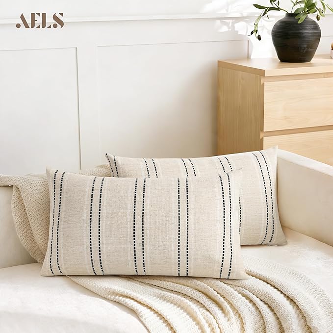 AELS 12x20 Decorative Farmhouse Linen Throw Pillow Covers, Boho Textured Pillow Case, Set of 2, Beige with White & Black Stitch Yarn Dyed Stripe Cushion Cover for Sofa Couch Living Room (Cover ONLY)