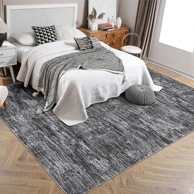 RUGSREAL Living Room Area Rug 9x12 Machine Washable Rug Non-Slip Stain Resistant Modern Abstract Bedroom Rug Contemporary Accent Floor Carpet for Dining Room Solid Area Rug for Home Office, Dark Grey
