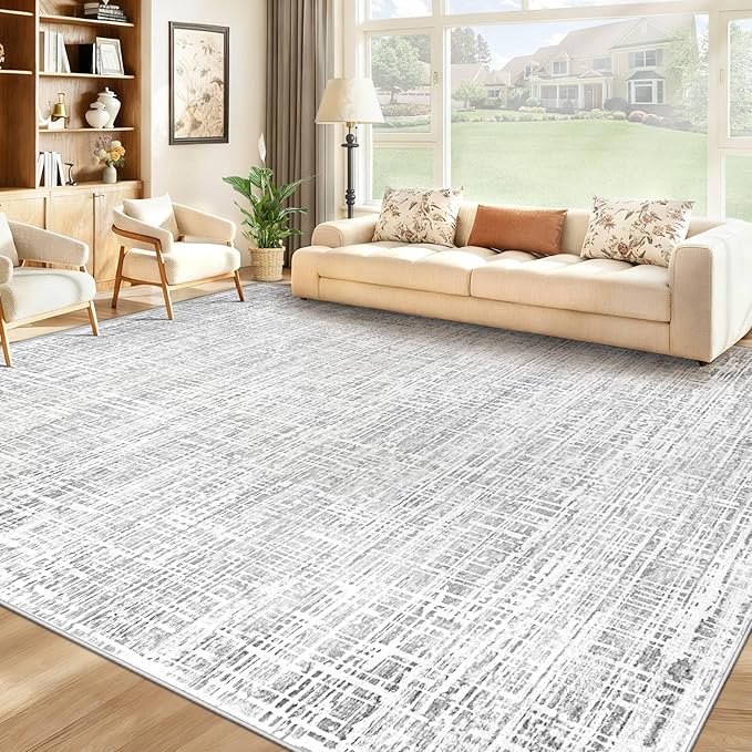 9x12 Area Rugs for Living Room, Washable Large Area Rug Neutral Modern Abstract Bedroom Rug Soft Non Slip Low Pile Stain Resistant Indoor Carpet for Kids Playroom Dining Room Office(Grey, 9'x12')