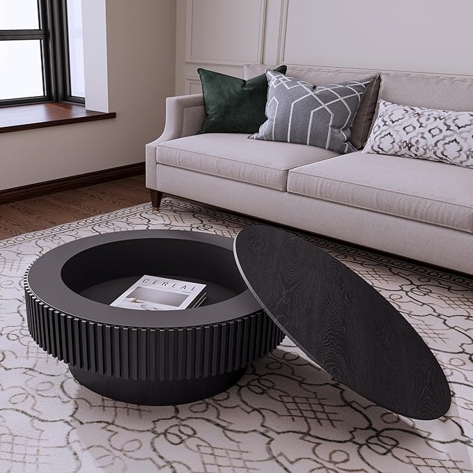 Round Coffee Table with Storage, Modern Handcraft Drum Coffee Table Wood Circle Center Table for Living Room Apartment, 31.49" Black