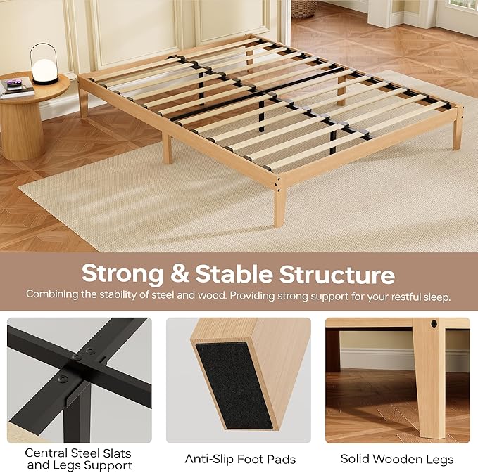 Tyndall Full Size Bed Frame, 12 Inch Solid Wood Platform Bed with Wooden Slats, Natural Finish Wood Bed Frame with Underbed Space for Storage, Easy Assembly, No Box Spring Needed