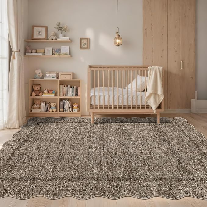 GarveeHome Scalloped Washable Rugs for Entryway 3x5 Rug Super Soft Entry Rug Non-Slip, Printed Faux Wool Floral 3x5 Area Rug Thin Floor Carpet for Kitchen, Bedroom, Office, Living Room, Taupe