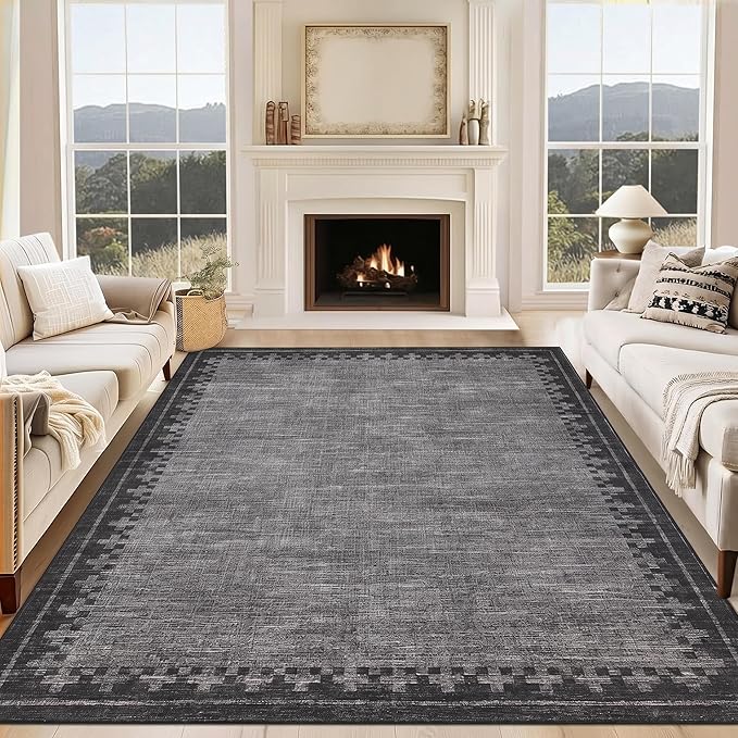 GarveeHome Washable 9x12 Large Area Rug for Living Room Bedroom Modern Non Slip Low Pile Carpet Geometric Cross Brdered Stain Resistant Grey Bedroom Laundry Room Rugs Kids-Friendly& Pets-Friendly