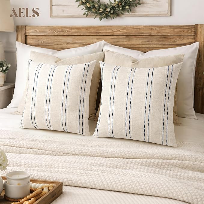 AELS 22x22 Decorative Farmhouse Linen Blend Throw Pillow Covers, Boho Textured Pillow Case, Set of 2, Beige with White & Navy Blue Stitch Yarn Dyed Stripe Cushion Cover for Living Room (Cover ONLY)