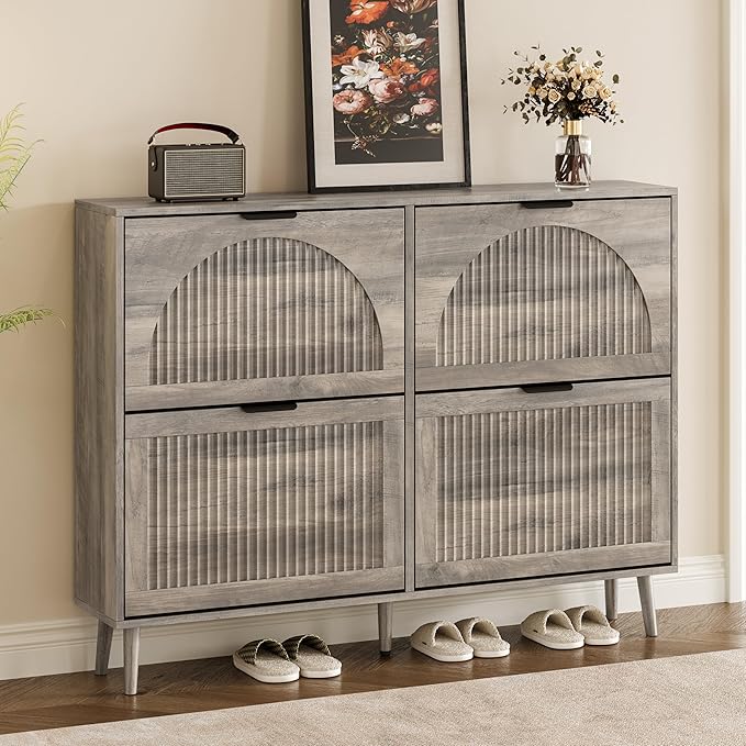 BORNOON Shoe Cabinet for Entryway with 4 Flip Drawers, Slim Wooden Shoe Storage Organizer with Modern Fluted Pannel，Freestanding Narrow Hidden Shoe Rack for Hallway, Foyer, Living Room