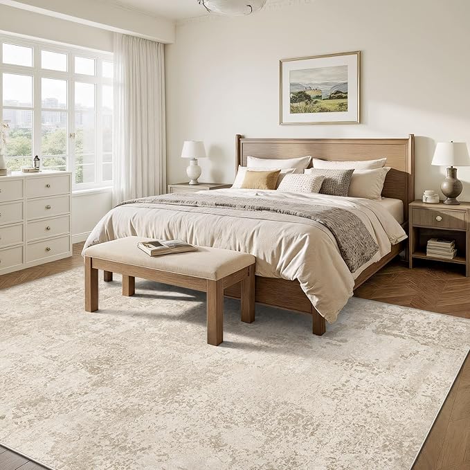 Art&Tuft Washable Rug, Ultra Thin Anti-Slip Backing Abstract 9x12 Area Rug, Low Pile Area Rugs 9x12 Living Room, Stain Resistant Foldable Machine Washable Area Rug (9'x12', Beige)