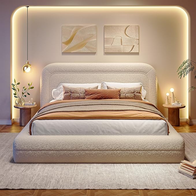 Homkdom Queen Bed Frame with Headboard, Upholstered Cloud Bed Frame, Anti-Collision Soft Rounded Corners, Boucle Platform Bed for Modern Bedrooms, Apartments, Guest Rooms, No Box Spring Needed,Beige