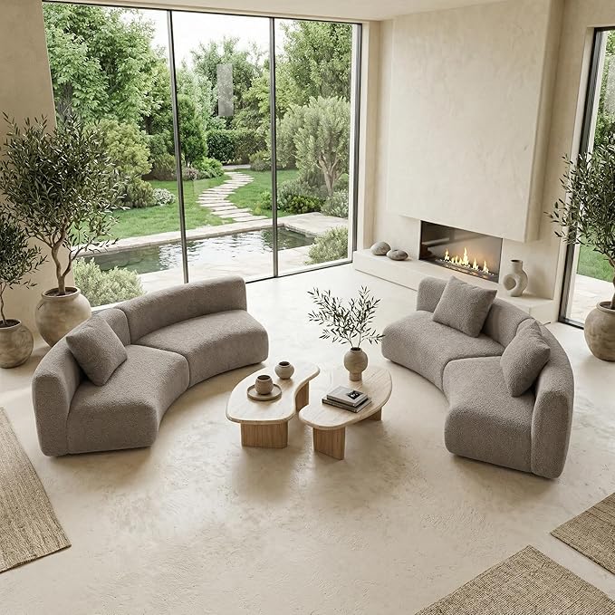 Acanva Modern Curved Sectional Living Room Couch, Minimalist Comfy Boucle Fabric Modular Sofa for Apartment, Home Office, Armless Chair, Light Coffee | Boucle Fabric, Modular, Minimalist, Comfy
