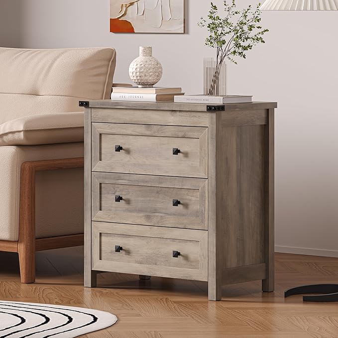 BORNOON 3-Drawer Dresser, Small Wooden Chest of Drawers with Metal Knobs, Water-Resistant Top, Storage Organizer with Anti-Tip Kit for Bedroom, Nursery, Living Room