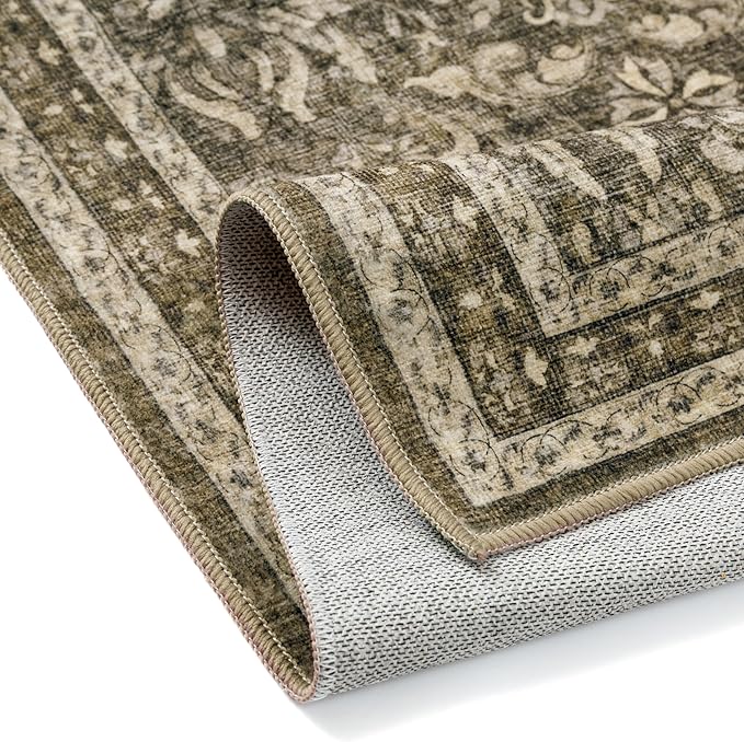 PureCozy Brown 8x10 Area Rug Washable Vintage Living Room Bedroom Carpet Indoor Large Non Slip Soft Low Pile Thin Rug Retro Accent Throw Office Dining Room