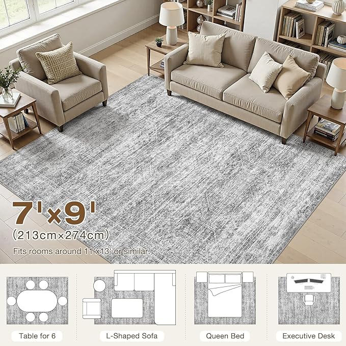 cotiled Large Area Rugs for Living Room 7x9, Machine Washable Rugs with Non Slip Backing Modern Neutral Abstract Rugs Stain Resistant Distressed Carpets for Home Office Decor (7x9 Dark Grey)