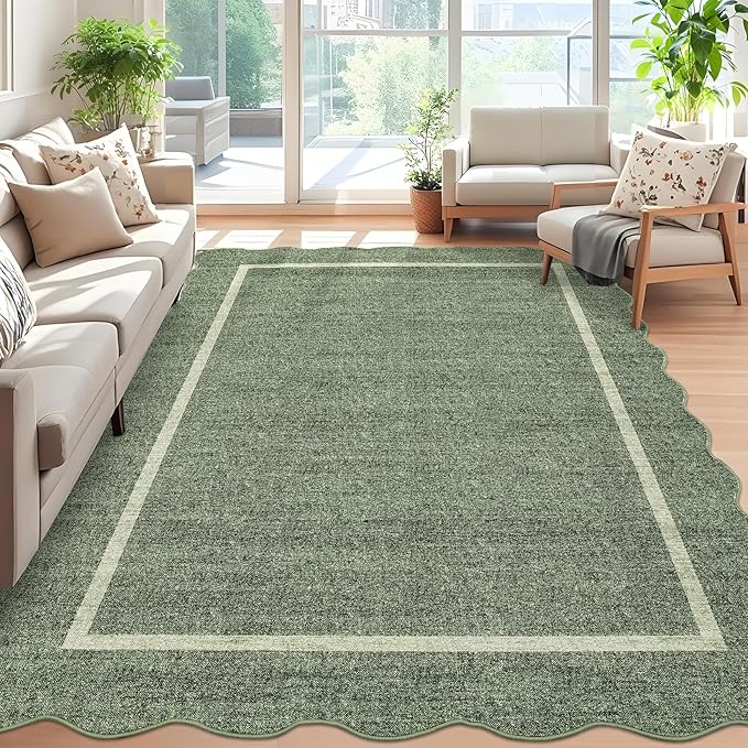 GarveeHome Scalloped Area Rug 4x6 - Washable Boho Bordered Non-Slip Entryway Rug, Neutral Farmhouse Living Room Rug Soft Throw Rugs for Entrance Hallway Bedroom Kitchen Nursery, Green