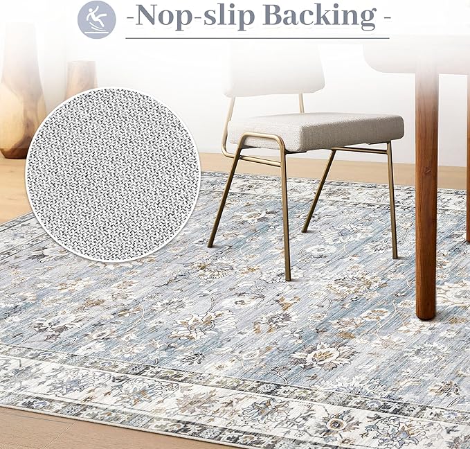 XLUEZ Area Rug 9x12 Living Room Rug, Machine Washable Vintage Distressed Boho Area Rug Non-Slip Soft Low Pile Large Indoor Rugs for Bedroom Kitchen Dining Room Office(Light Blue,9'x12')