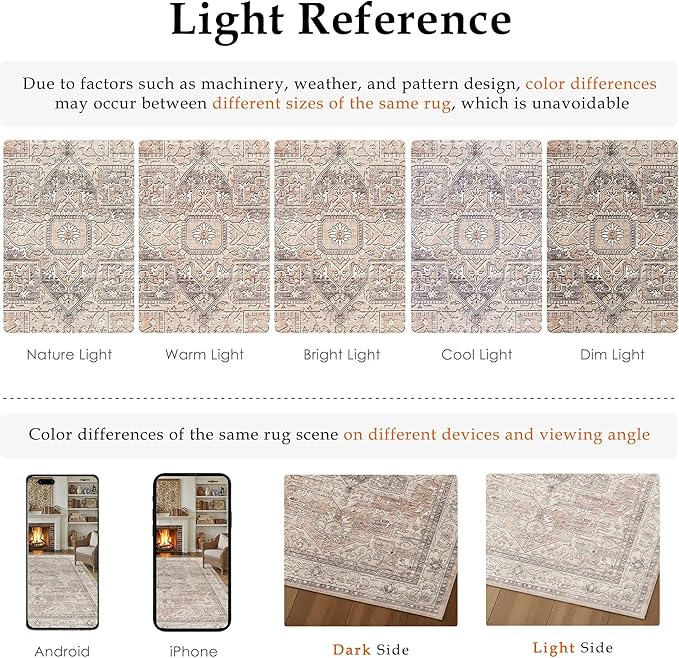 6x9 Washable Vintage Area Rug Coral Oriental Living Room Bedroom Throw Rug Neutral Non Slip Soft Low Pile Carpet for Dining Room Office Nursery Indoor