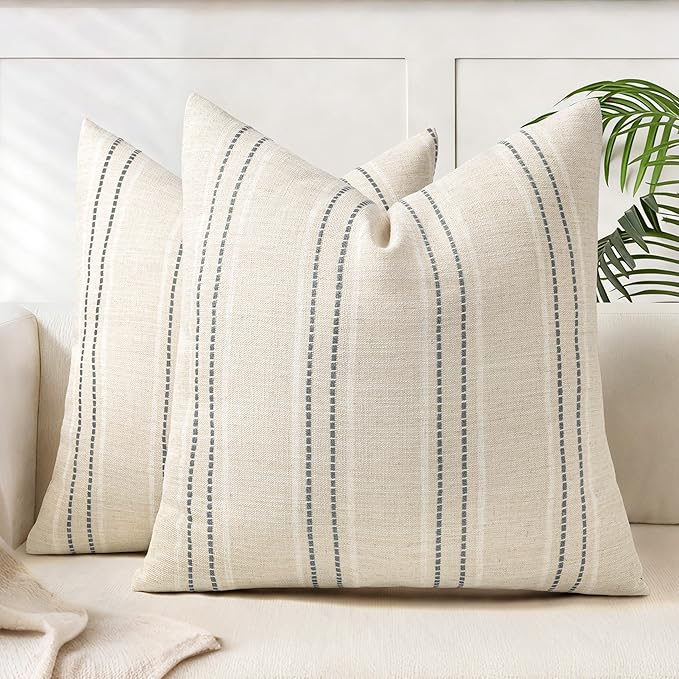 AELS 20x20 Decorative Farmhouse Linen Blend Throw Pillow Covers, Boho Textured Pillow Case, Set of 2, Beige with White & Gray Stitch Yarn Dyed Stripe Cushion Cover for Sofa Living Room (Cover ONLY)