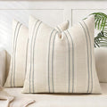 AELS 20x20 Decorative Farmhouse Linen Blend Throw Pillow Covers, Boho Textured Pillow Case, Set of 2, Beige with White & Gray Stitch Yarn Dyed Stripe Cushion Cover for Sofa Living Room (Cover ONLY)