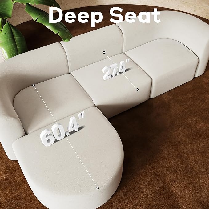 116" Modular Sectional Couches with Ottoman, Luxury Modern Curved Back Sofa, Minimalist Style Oversized 4 Seat Deep Comfy Convertible L Shape Boneless Couch for Living Room Studio Apartment, Beige
