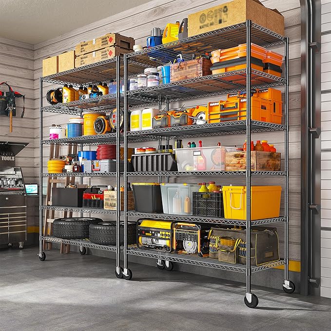 Romorgniz 82" H X45 W X18 D Storage Shelves with Wheels, 6 Tier Wire Shelving Adjustable Metal Shelving Pantry Shelves Capacity 2100LBS for Garage Shelving, Pantry, Kitchen, Closet, Commercial, Black