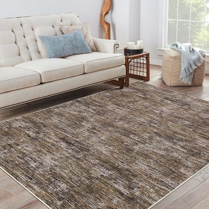 RUGSREAL Bedroom Area Rug 4x6 Modern Abstract Area Rug Stain Resistant Small Living Room Rug Contemporary Dining Room Rug Non-Slip Solid Rug Aesthetic Accent Floor Carpet for Kitchen Office, Brown