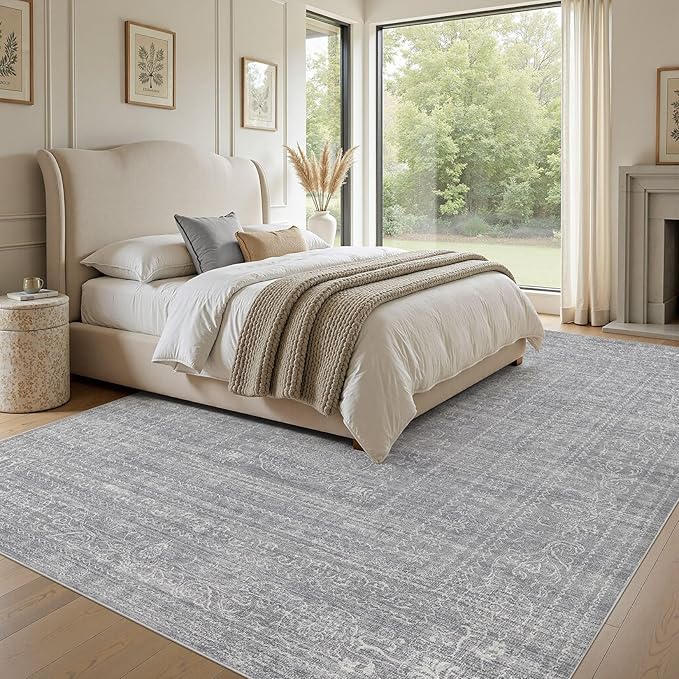 12x15 Area Rug Living Room: Washable Large Vintage Grey Rug Neutral Non-Slip Soft Stain Resistant Indoor Carpet for Bedroom Nursery Dining Room Under Table Bed Home House Office Playroom
