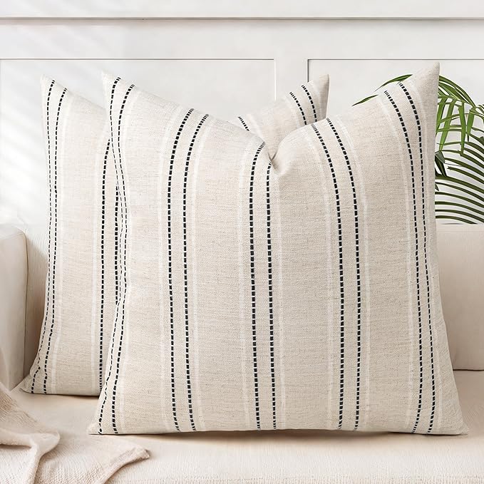 AELS 22x22 Decorative Farmhouse Linen Blend Throw Pillow Covers, Boho Textured Pillow Case, Set of 2, Beige with White & Black Stitch Yarn Dyed Stripe Cushion Cover for Sofa Living Room (Cover ONLY)