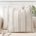 AELS 22x22 Decorative Farmhouse Linen Blend Throw Pillow Covers, Boho Textured Pillow Case, Set of 2, Beige with White & Black Stitch Yarn Dyed Stripe Cushion Cover for Sofa Living Room (Cover ONLY)