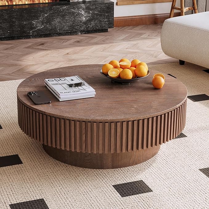 39.37" Round Coffee Table with Storage for Living Room Wood Coffee Table Contemporary Circle Center Table for Apartment, Easy Assembly, Walnut