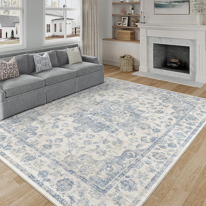 6x9 Washable Neutral Area Rug Blue Vintage Living Room Bedroom Carpet Non-Slip Soft Low Pile Farmhouse Indoor Throw Rug for Dining Room Entryway Office