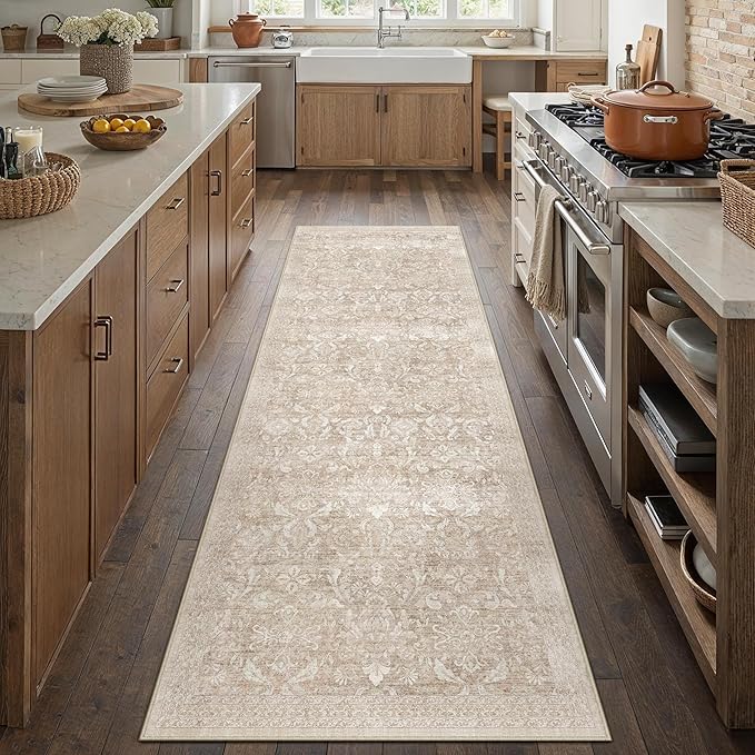 PureCozy 2x8 Runner Rug Washable Beige Vintage Hallway Kitchen Carpet Indoor Non Slip Small Low Plie Thin Bedroom Bathroom Rug Retro Accent Throw Dining Living Room