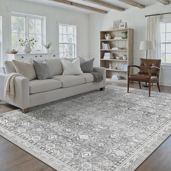 5x7 Grey Modern Washable Area Rug for Living Room Distressed Floral Non Slip Throw Rug Indoor Low Pile Carpet Accent Stain Resistance Bedroom Playroom Office Classroom Nursery