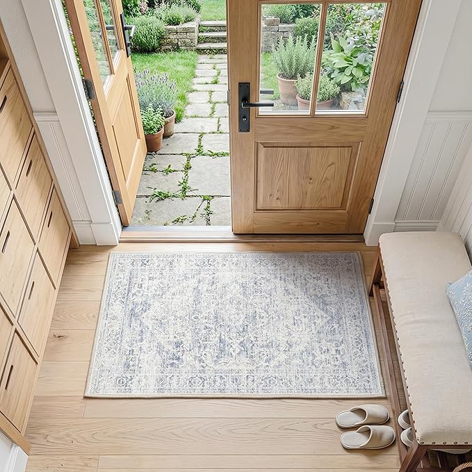 FMFUNCTEX Entryway Rug 2x3 Washable Blue Vintage Distressed Oriental Door Mat Non Slip Low Pile Indoor Carpet Soft Retro Small Throw Area Rugs for Entry Way Entrance Bedroom Kitchen Bathroom Laundry