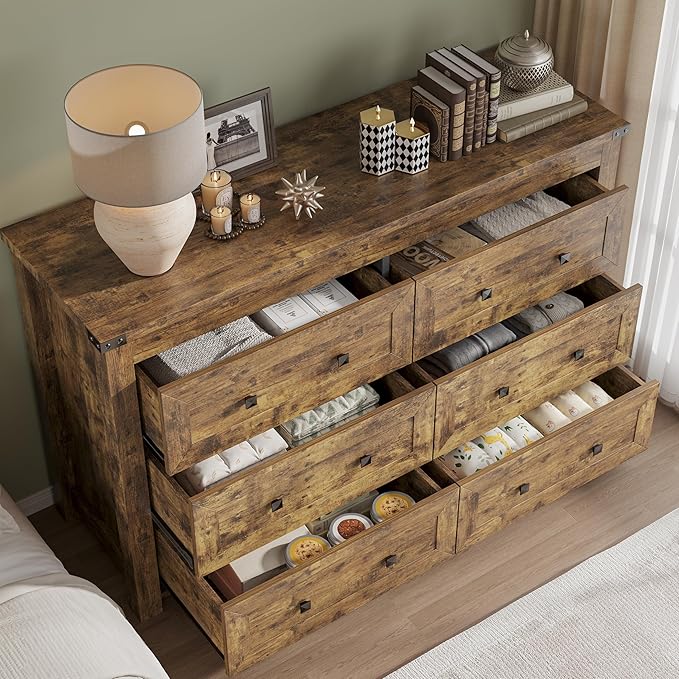 BORNOON 6-Drawer Dresser, Modern Wooden Storage Chest of Drawers, Dresser TV Stand, Wood Drawer Organizer with Metal Handles for Bedroom, Living Room, Hallway