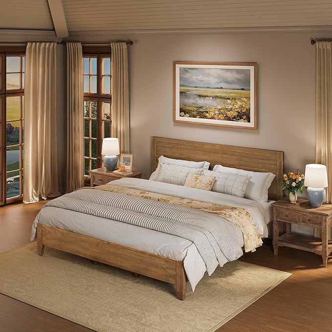 Cozyman King Bed Frame and Headboard, 100% Solid Acacia Wood Platform, 800lb Heavy Duty Support with 10 Reinforced Legs, Noise-Free No Box Spring Needed, Low-Profile Design, Dark Wood