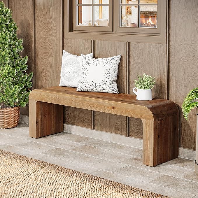 Solid Wood Dining Bench, 55" Wood Bench Indoor for Entryway, End of Bed Bench with Thick Block Seat, Modern Farmhouse Wooden Bench for Dining Table, Bedroom, Hallway, Rustic