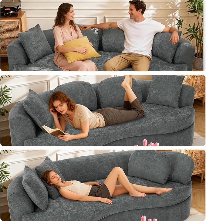95” Modern Curved Sofa, Chenille Fabric Comfy Cloud Couch, No Assembly Required Half Moon Couch with Deep Seat, 4 Pillows for Living Room, Apartment, Bedroom