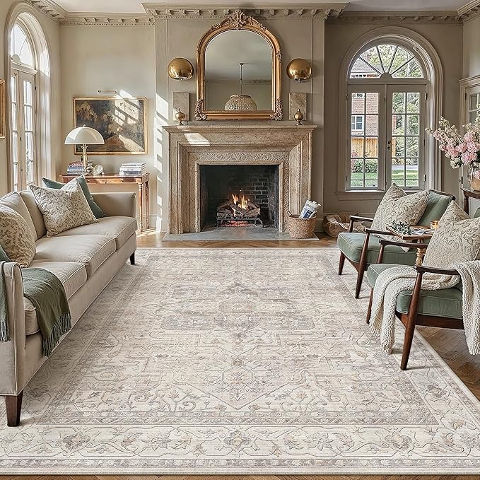 8x10 Washable Vintage Area Rug Beige Oriental Living Room Bedroom Throw Rug Neutral Non Slip Soft Low Pile Carpet for Dining Room Office Nursery Indoor
