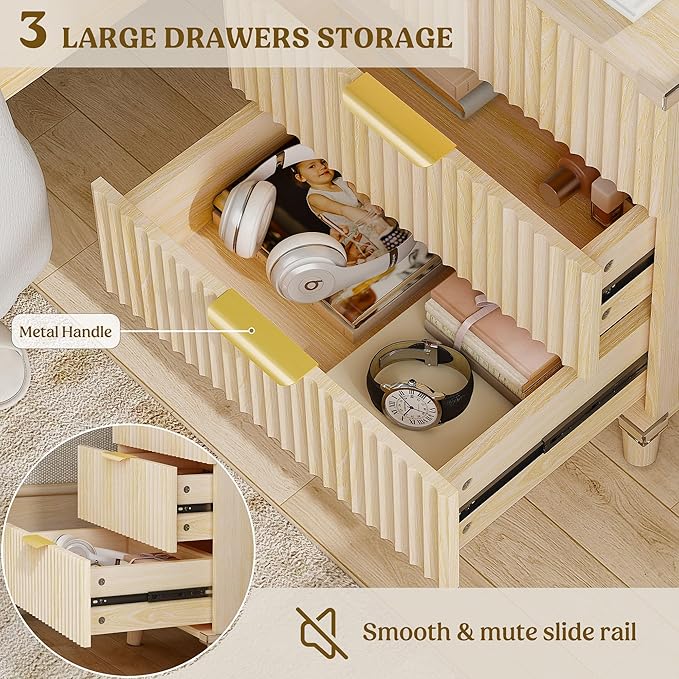 Lulive Wood Night Stand Set 2 Fluted Dresser for Bedroom 3 Drawers End Tables Nightstand with Charging Station, Storage Modern Side Table Natural