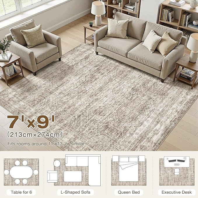 cotiled Large Area Rugs for Living Room 7x9, Machine Washable Rugs with Non Slip Backing Modern Neutral Abstract Rugs Stain Resistant Distressed Carpets for Home Office Decor (7x9 Dark Brown)