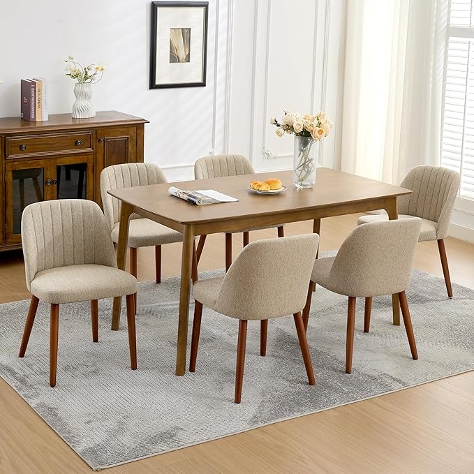 GarveeHome Wooden Dining Chairs Set of 6, Upholstered Kitchen Dining Room Chairs with Padded Seat and Wood Legs, Modern Fabric Side Dinner Chair for Kitchen, Dining Room, Restaurant, Cafe, Camel
