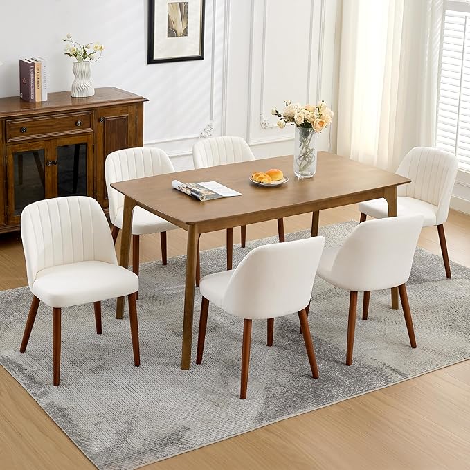 GarveeHome Wooden Dining Chairs Set of 6, Upholstered Kitchen Dining Room Chairs with Padded Seat and Wood Legs, Modern Fabric Side Dinner Chair for Kitchen, Dining Room, Restaurant, Cafe, Beige