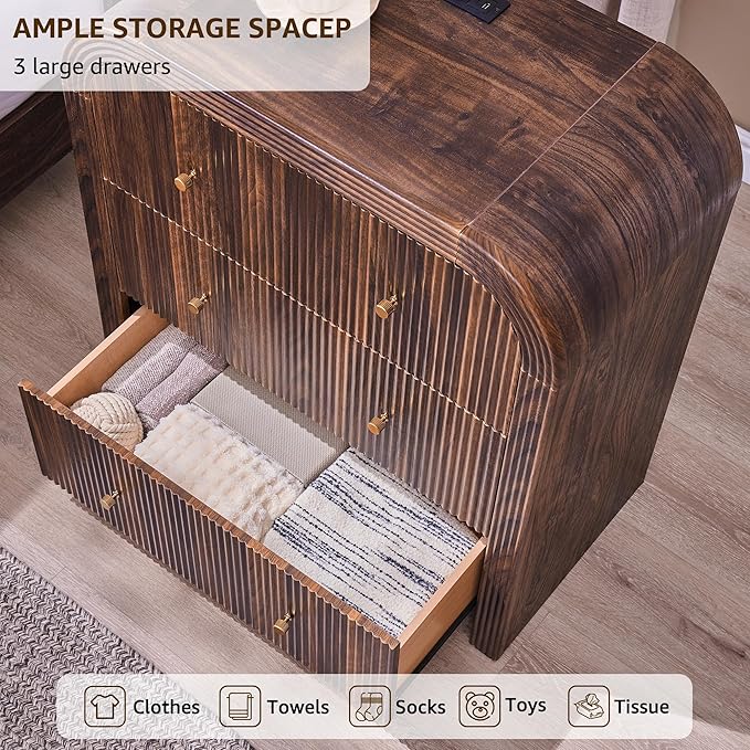 T4TREAM Fluted Dresser with 3 Drawers, 32" Tall Modern Chest of Drawers with Thickened Curved Profile Design, Wood Closet Clothes Storage Organizer for Bedroom, Living Room, Hallway, Dark Walnut