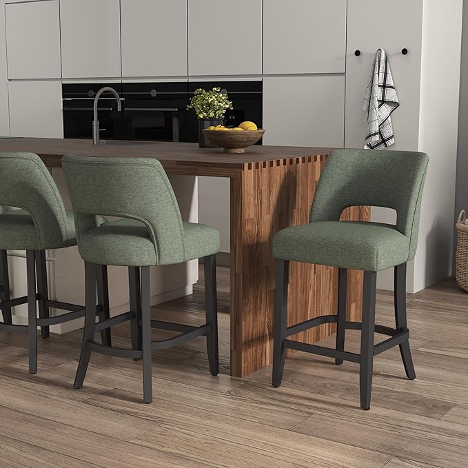 VKNOW Bar Stools Set of 6, 26" Upholstered Counter Height Bar Stools, Modern Counter Stools with Black Legs for Kitchen Island Dining Room Bar, Green-Black Legs