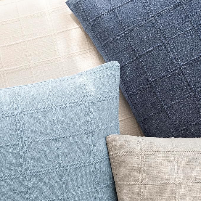 Foindtower Set of 2 Decorative Linen Check Throw Pillow Covers Neutral Farmhouse Vintage Cushion Covers Modern Boho Accent Home Decor for Sofa Chair Couch Bedroom Living Room,18×18 Inch,Sky Blue