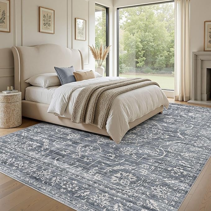 9x12 Area Rug Living Room: Washable Large Vintage Grey Rug Neutral Non-Slip Soft Stain Resistant Indoor Carpet for Bedroom Nursery Dining Room Under Table Bed Home House Office Playroom - Retro Blue