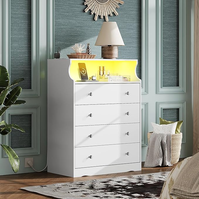 WLIVE White LED Dresser for Bedroom, Tall Wood Dresser with 4 Drawers and Open Shelf, Chest of Drawers with Power Outlet for Living Room, Hallway, Closet