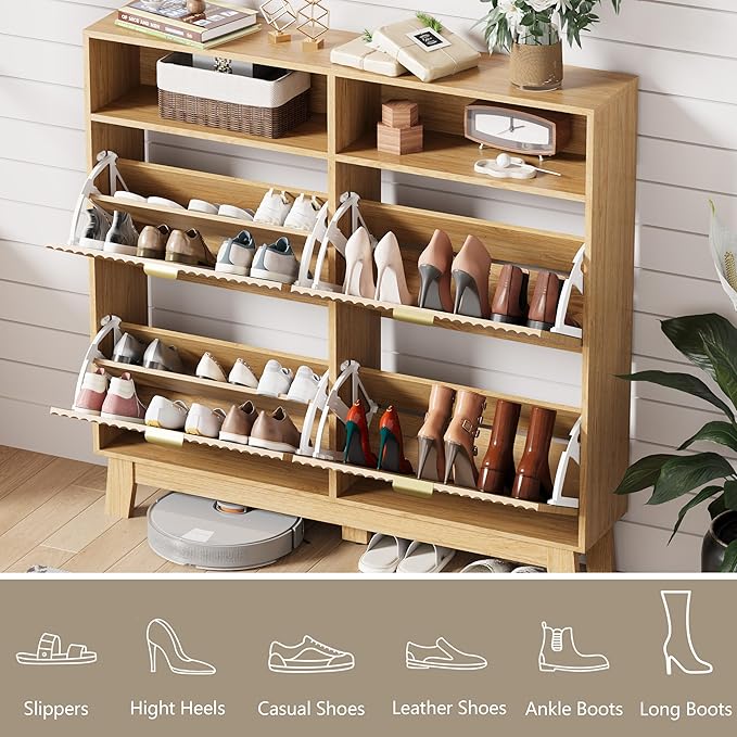HUANLEGO Shoe Cabinet Storage for Entryway with 4 Flip Drawers, Fluted Narrow Shoe Organizer with Wooden Legs & Top Cubby, Freestanding Slim Shoe Storage Hidden Shoe Rack for Front Door Entrance, Oak