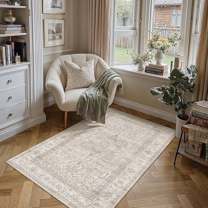 4x6 Washable Vintage Area Rug Beige Oriental Soft Entryway Throw Rug Neutral Non Slip Low Pile Small Carpet for Kitchen Bathroom Living Room Bedroom