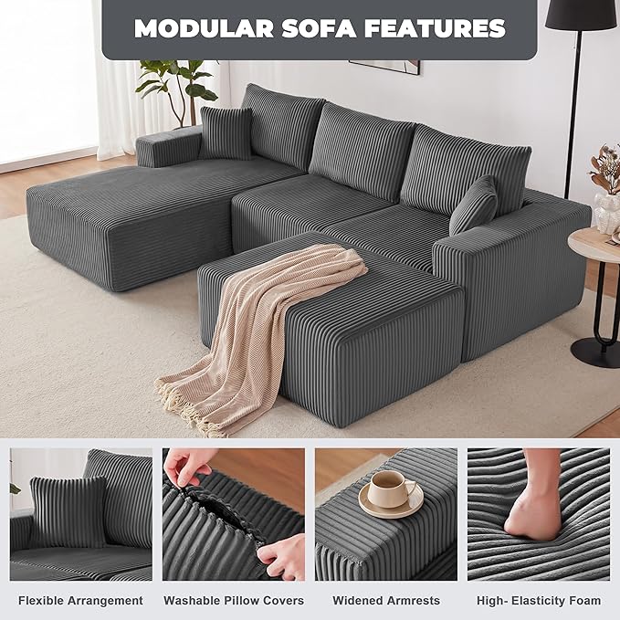 Weture 108” Modular Sectional Couches, Modern Modular U-Shape Sofa with Chaise, Cloud Sectional Couch with Deep Seat, Upholstered Boneless Sofa for Living Room (Corduroy, Gray)