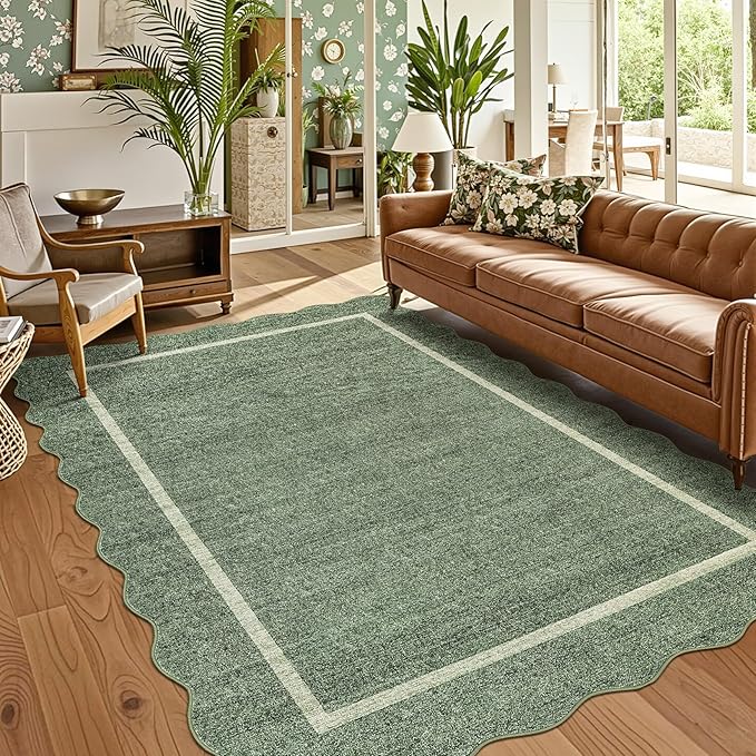 GarveeHome Scalloped Area Rug 4x6 - Washable Boho Bordered Non-Slip Entryway Rug, Neutral Farmhouse Living Room Rug Soft Throw Rugs for Entrance Hallway Bedroom Kitchen Nursery, Green