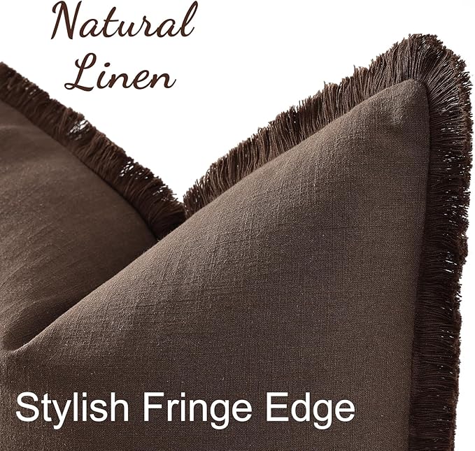 decorUhome Summer Decorative Neutral Linen Fringe Euro Sham Throw Pillow Covers Set of 2 Chocolate Pillow Covers with Tassels Soft Farmhouse Boho Accent Pillow Cases for Couch Bed Sofa 26x26 Inch